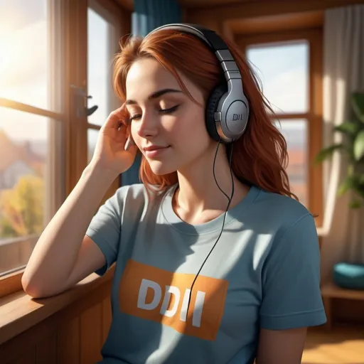 Prompt: A woman wearing Dii Official shirt while listening to music 
