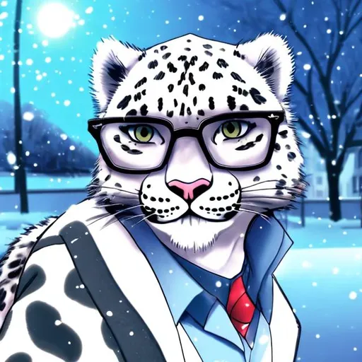 Prompt: A snow leopard with glasses and a school uniform in the snow
