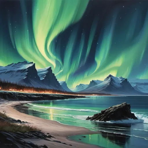 Prompt: A painted huge landscape of a seashore and northern lights