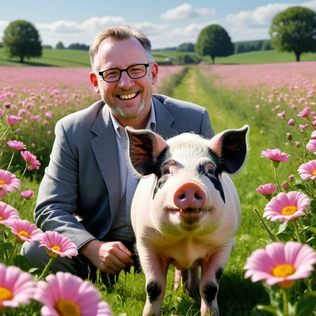 Prompt: A photorealistic image of a happy pig in a field of flowers, with a strange and wonderful man watching from afar.