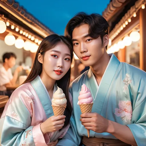 Prompt: Korean girl and boyfriend sharing ice cream, traditional Korean attire, warm and cozy atmosphere, detailed facial features, soft and romantic, traditional art style, pastel color palette, warm lighting, detailed eyes and lips, affectionate gesture, high quality, detailed, romantic, traditional, pastel tones, cozy lighting