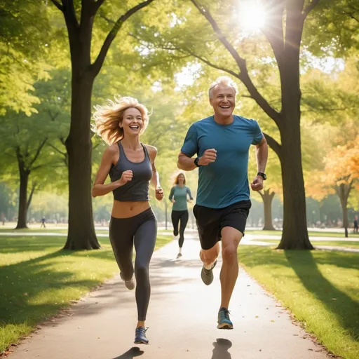 Prompt: A scene of a middle-aged man with female model running energetically through a park during a sunny day. He is smiling broadly, with sweat glistening on his forehead, showing a sense of renewed vigor and youthful energy. In the background, younger joggers watch him in surprise and admiration as he overtakes them effortlessly. The trees and grass are lush and vibrant, and sunlight filters through the leaves, casting a warm, golden glow around him to symbolize his rejuvenation and boosted testosterone levels.