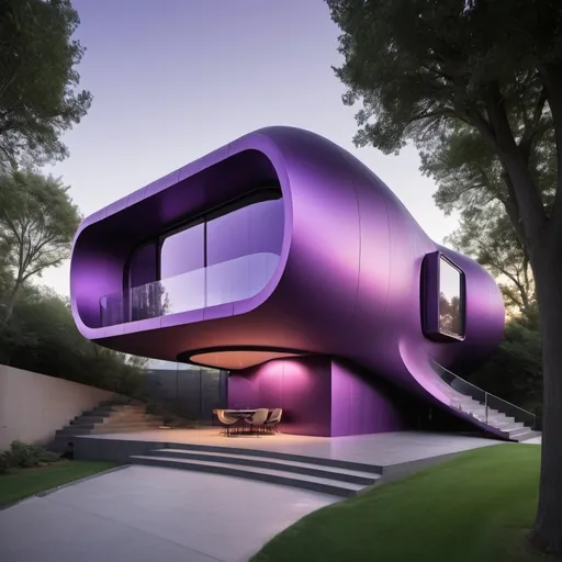 Prompt:  "A futuristic house designed to resemble the shape of a purple iPhone 13 Pro Max. The house is sleek and modern, with a metallic purple exterior that glistens in the light. It is mounted on a 5-meter high pillar that allows the entire structure to rotate 360 degrees. A stylish staircase spirals around the pillar, providing access to the house from the ground. The design is innovative, blending cutting-edge technology with a bold, contemporary aesthetic, and the house is set against a modern landscape."