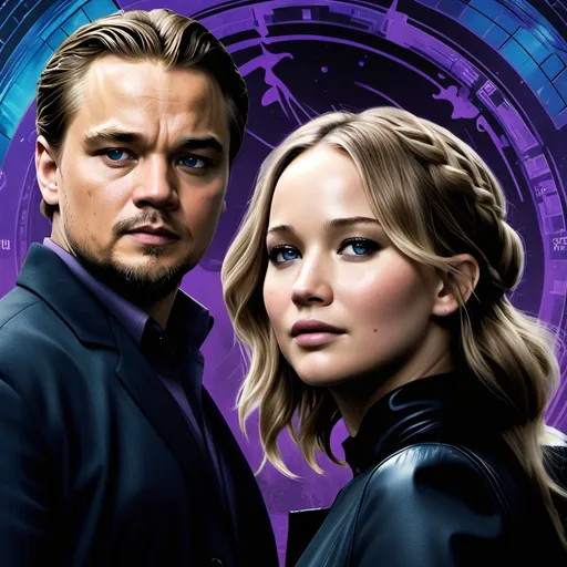 Prompt: Our poster has two maincharacters, you can See them very big on the Center of the Poster. The First Main actor is Jennifer Lawrence and the second Main actor is Leonardo DiCaprio. Jennifer Lawrence is infront of Leonardo DiCaprio and she has black clothes on her and Leonardo has a Brown Jackett on. The background is a mix of purple and Blue colors, you can see the title The Big Change, and its in black Color and is at the Top of the Poster and the Main characters are in the Front of the Title. The title is underlined with two Lines, one of them is big and the other line is thin. The letters of the title are only in bold letters. Under the Main characters you can the Date, when the Film is coming out and is infront of the Charakters. All the Text which is under the Characters is in white color. Under the Date when the Film is coming there Stands virus, panic and two heros. On the bottom there is also a white Text, who says directed by the Inventors of The Big Change. The Text has no shadow.