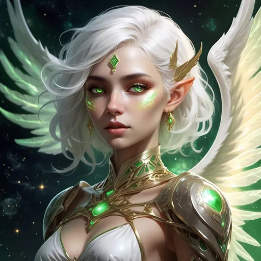 Prompt: (DnD character design: female half-angel from astral plane), ethereal beauty, (sharp elf-like features), piercing (green and gold pupils), short (white/silvery hair) stylishly pushed to the side, elegant attire reflecting otherworldly charm, cosmic symbols adorning clothing, surrounded by a softly glowing cosmic background, (highly detailed), captivating aura, (dramatic lighting) emphasizing the celestial theme and gracefulness.