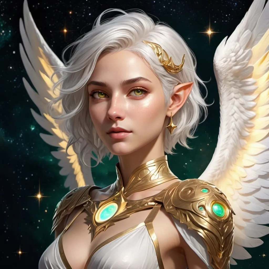 Prompt: (DnD character design: female half-angel from astral plane), ethereal beauty, (sharp elf-like features), piercing (green and gold pupils), short (white/silvery hair) stylishly pushed to the side, elegant attire reflecting otherworldly charm, cosmic symbols adorning clothing, surrounded by a softly glowing cosmic background, (highly detailed), captivating aura, (dramatic lighting) emphasizing the celestial theme and gracefulness. Remove green crystal from forhead. make a full BODY PIcture and gold