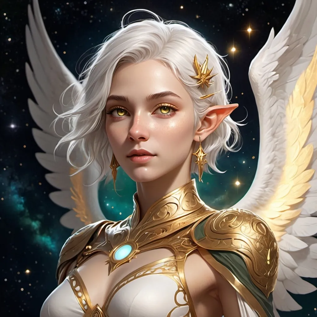 Prompt: (DnD character design: female half-angel from astral plane), ethereal beauty, (sharp elf-like features), piercing (green and gold pupils), short (white/silvery hair) stylishly pushed to the side, elegant attire reflecting otherworldly charm, cosmic symbols adorning clothing, surrounded by a softly glowing cosmic background, (highly detailed), captivating aura, (dramatic lighting) emphasizing the celestial theme and gracefulness. full BODY PIcture and gold