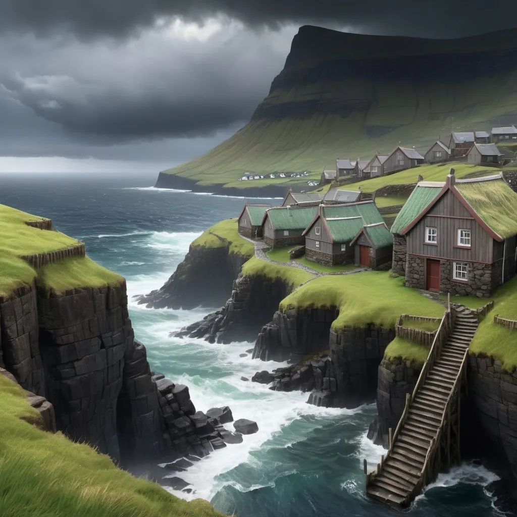 Prompt: 3D painting of an old-fashioned elven-like village, stormy weather, Faroe Islands, rocky stone stairs, rough ocean, thatched roofs, detailed village houses, atmospheric lighting, realistic, high quality, stormy seascape, coastal village, traditional, detailed waves, rugged terrain, textured landscape, moody tones, highres, 3D rendering
