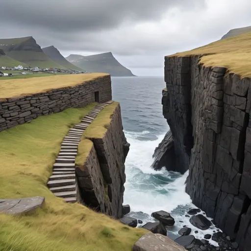 Prompt: 3d painting where you escape through a wall down rocky stone stairs to the rough oceanside on The Faroe Islans. Stomy rough weather