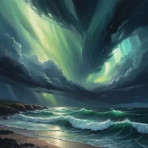 Prompt: Create a painting with very stormy and steared up Atlantic ocean and northern light in the sky 