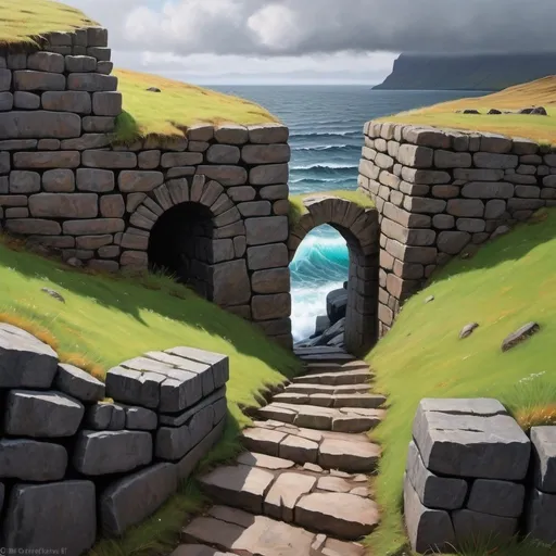 Prompt: 3d painting which shows an portal to escape through  to a very little olsfashioned elverlike village down rocky stone stairs to the rough oceanside on The Faroe Islans. Stomy rough weather