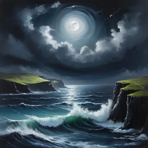 Prompt: Create an absract  painting with very stormy and steared up Atlantic ocean in a night where you can see the moon and stars and northern light in the sky remix with the paintings from the Faroe Islands in my album