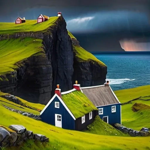Prompt: Create a  painting with very stormy and steared up Atlantic ocean and a very small village with 7 very old houses with thurf on the roofs and  the Faroe Islands in mind in a elverlike dreamy fantasy