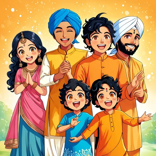 Prompt: A heartwarming and colorful illustration featuring Amaya, a cheerful girl with long black hair in a braid, wearing a bright yellow salwar kameez; Simran, an excited girl with short wavy hair and a pink kurta; Mandeep, a smiling boy with curly hair and a blue turban; and Kiran, an energetic boy with short black hair and an orange patka, all standing in front of a traditional Sikh Gurdwara with its shining domes and peaceful surroundings. The title 'The Little Sikh Explorers: Learning Together at the Gurdwara' is prominently displayed at the top in an engaging and vibrant font. At the bottom, it reads 'Written by [Your Name]' in a playful and welcoming font.