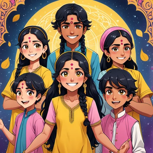 Prompt: tarot card Anime illustration, A heartwarming and colorful illustration featuring Amaya, a cheerful girl with long black hair in a braid, wearing a bright yellow salwar kameez; Simran, an excited girl with short wavy hair and a pink kurta; Mandeep, a smiling boy with curly hair and a blue turban; and Kiran, an energetic boy with short black hair, all standing in front of a traditional Sikh Gurdwara with its shining domes and peaceful surroundings.