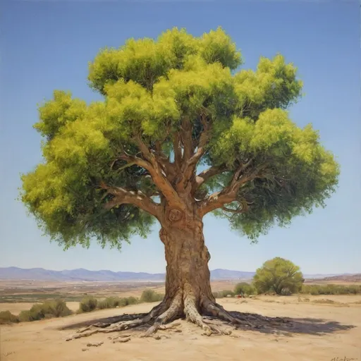 Prompt: una pintura de un arbol 𝐏𝐢𝐧𝐨 𝐝𝐞 𝐥𝐚 𝐅𝐚𝐮𝐬𝐭𝐚. 𝐏𝐢𝐧𝐮𝐬 𝐩𝐢𝐧𝐞𝐚 𝐋. Las Eras (Alcalá del Júcar).  El árbol debe ser muy verde, solamente debe haber pasto verde a su alrededor y flores de primavera en medio del desierto. como primer plano  hay mucha gente haciendo una procesión  a San Gregorio.El estilo debe ser movie poster