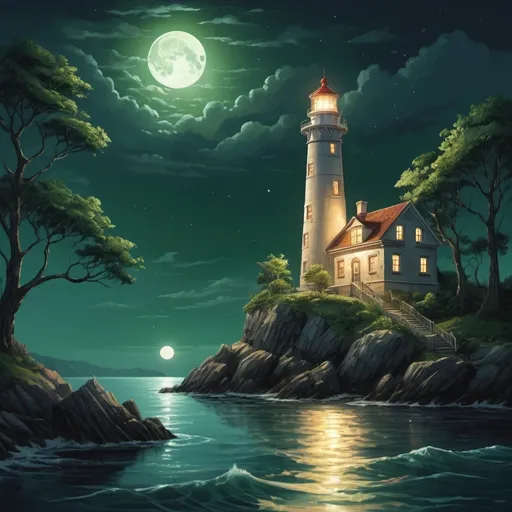 Prompt: SDXL
Prompt:
A captivating night scene illustration featuring an ancient lighthouse standing tall on a rocky island. The lighthouse, adorned with multiple windows, emits a warm glow, highlighting its intricate architecture and rich history. The rocky island is covered in lush green trees, reflecting on the calm, moonlit sea waters that mirror the silvery moonlight. The full moon graces the sky, casting an ethereal glow on 