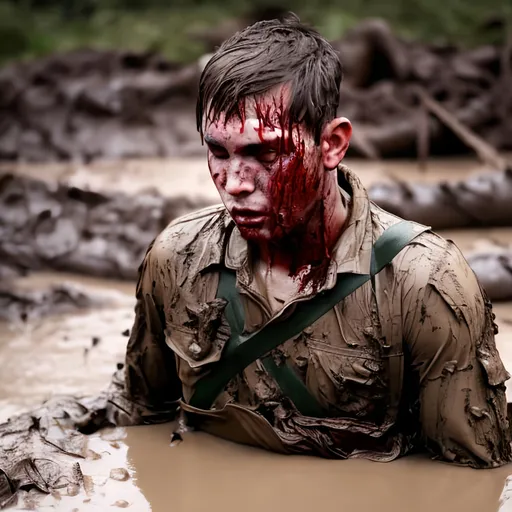 Prompt: A soldier in a muddy river up to his stomach belt and there is blood and mud on his face