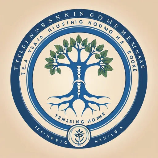 Prompt: A professional logo design for 'TEJA NURSING HOME,' incorporating a stylized blue femur bone as the central element, with a grafted plant or tree growing around it to symbolize healing and growth. The design is enclosed within a circular shield for protection and care, and the text 'TEJA NURSING HOME' is prominently integrated below or around the shield in clean, modern typography. The color palette includes blue for trust, yellow for optimism, and green for growth. The overall style is sleek, professional, and suitable for a medical facility specializing in orthopedic care.