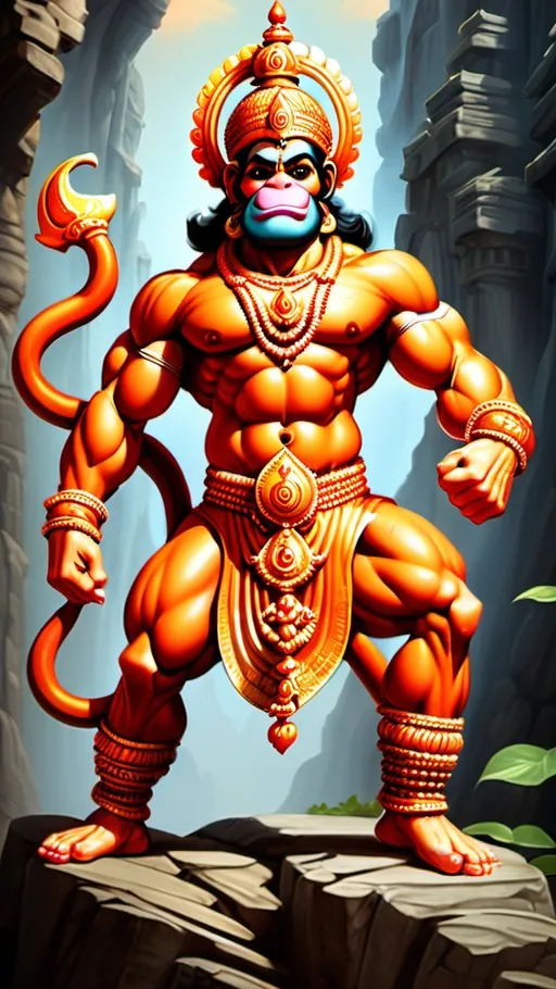 Prompt: Generate images of the strength of Hanuman! He is often depicted as a mighty figure with a muscular build, carrying a mountain and demonstrating incredible feats of power and devotion.