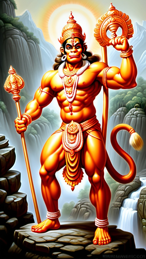 Prompt: Generate images of the strength of Hanuman! He is often depicted as a mighty figure with a muscular build, carrying a mountain and demonstrating incredible feats of power and devotion.