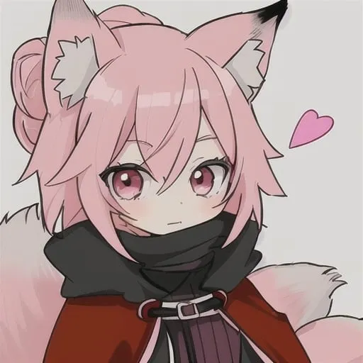 Prompt: create in anime style a woman with fox ears and pink hair dress in a black Assassin's Cloak without tail