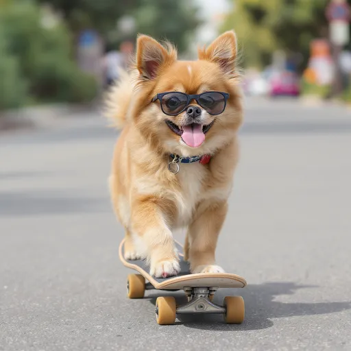 Prompt: a extremely cute dog riding a skateboard 

