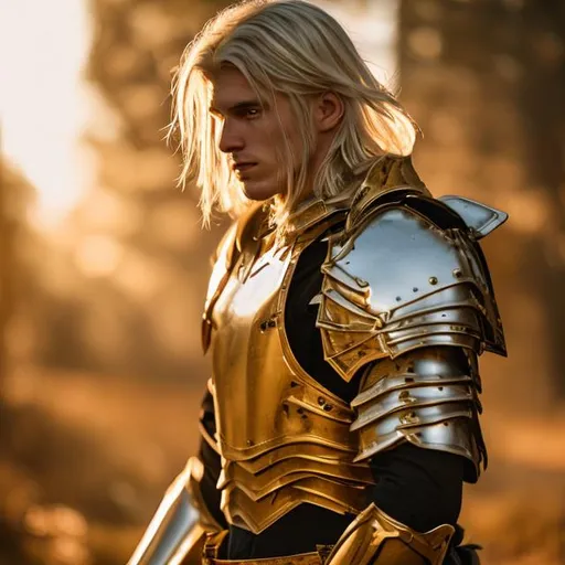 Prompt: A blonde human male in armor surrounded by golden light