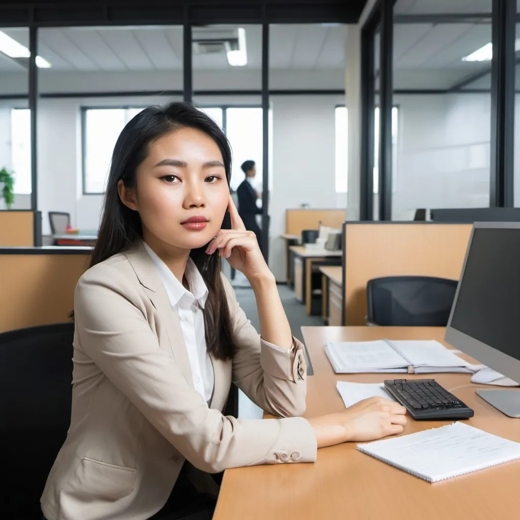 Prompt: an asian lady sit in the office booth with empty desk