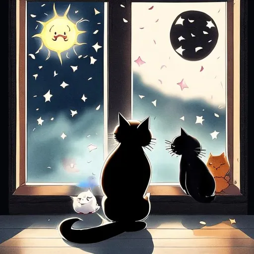 Prompt: A Black Cat with a Star on it's forehead and a white cat with a Sun on it's forehead sitting in a window watching it rain at night.