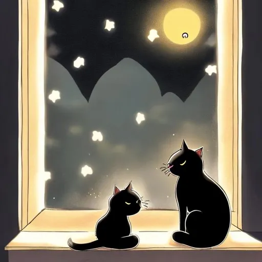 Prompt: A Black Cat with a Star on it's forehead and a white cat with a Sun on it's forehead sitting in a window watching it rain at night.