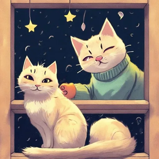 Prompt: A Bacl Cat with a Star on it's forehead and a white cat with a Sun on it's forehead sitting in a window watching it rain at night.