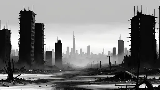 Prompt: Digital paint of Burnt 2024 city in the distance with black and whit color 