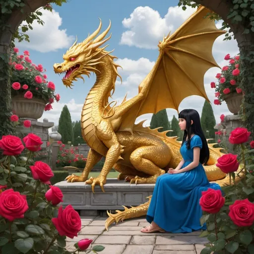 Prompt: A golden dragon is sitting on a rose garden talking to a girl with black hair and a blue dress.