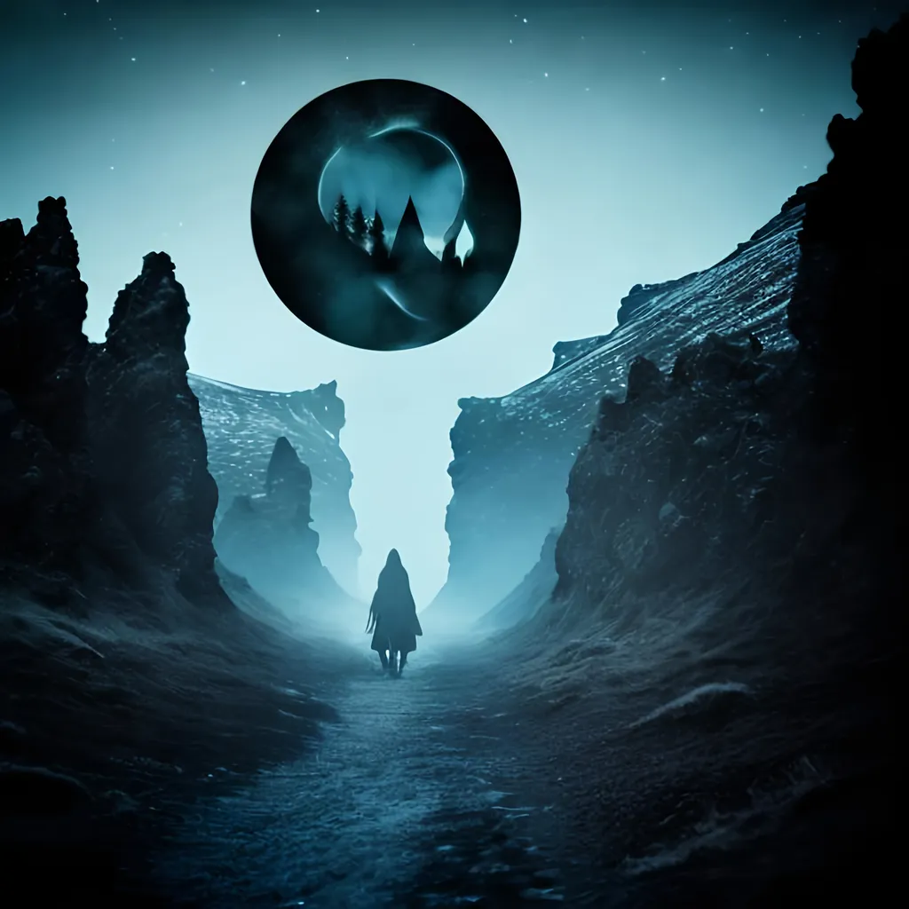 Prompt: Icelandic dark forest
album cover
witch silhouette
landscape
crescent moon 