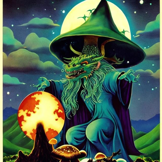 Prompt: 1970s wizard art
duo tone
dragon flying
Wizard holding mushroom with mountain and full moon in background