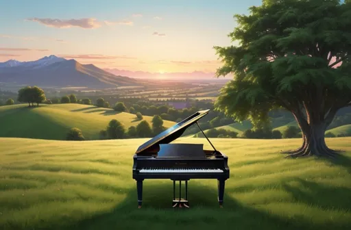 Prompt: A black grand piano on top of a hilly green field with trees on the right, with trees on the right side of the piano in 1/3 of the image, open and unobstructed view of the mountains in the horizon in 2/3 of the image with a blue sky and a sunset. Photorealistic.