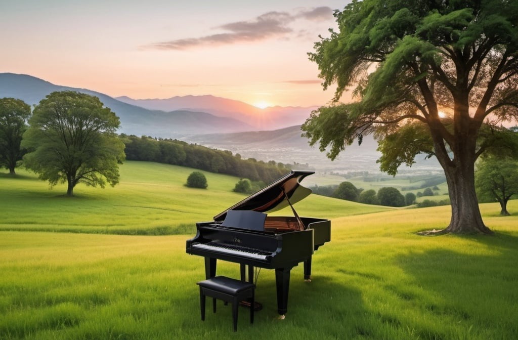 Prompt: Black grand piano on top of a green hilly field with mountains down the hill in the horizon and with the sunset in the background and trees on the right