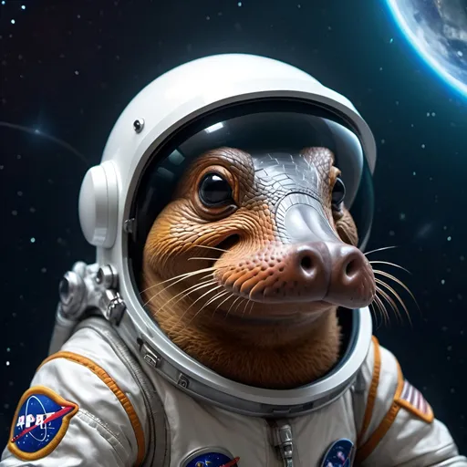 Prompt: Platypus in space suit, realistic digital art, astronaut helmet, cosmic background, detailed fur and bill, highres, detailed, realistic, space theme, cool tones, futuristic lighting