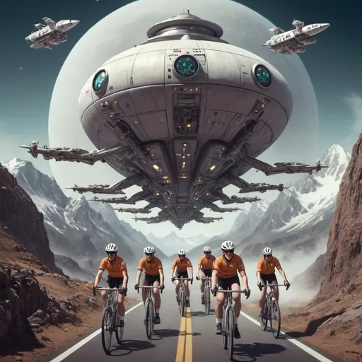 Prompt: A team of cycling-crowheaded-pilots riding spaceship bicycles attacking the mountain-space-station