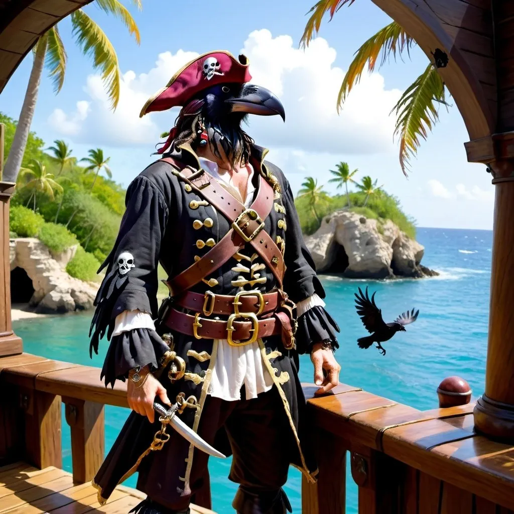 A pirate wearing a crow sigil, on a pirate cove, loo...