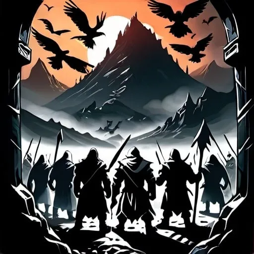 Prompt: An image with a fellowship of adventurers, warriors, mages, and dwarves, facing a dark mountain full of mistery, surrounded by crows.