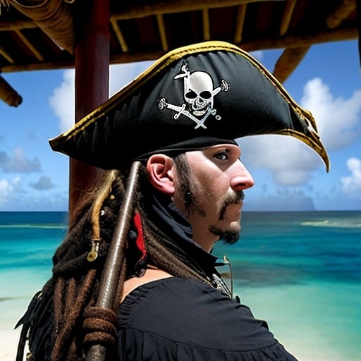 Prompt: A pirate wearing a crow sigil, on a pirate cove, looking to the outside into the Caribbean sea