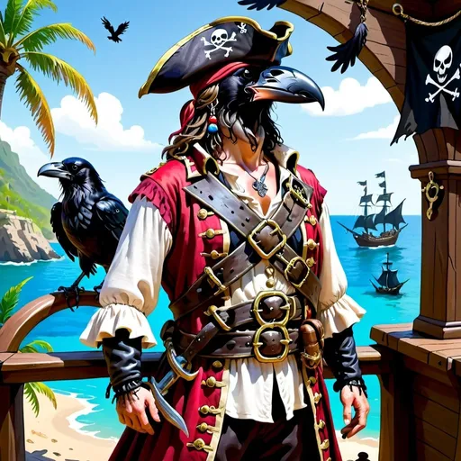 Prompt: A pirate wearing a crow sigil, on a pirate cove, looking to the outside into the Caribbean sea