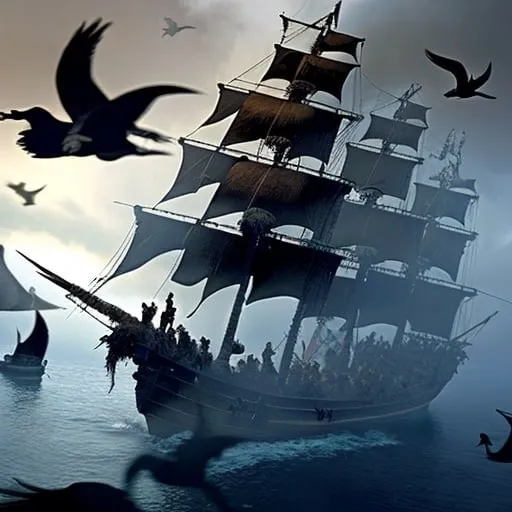 Prompt: A pack of pirates in a black man o'war, with a flock of black crows, heading towards a misty island