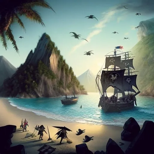 Prompt: A pack of pirates on a beach, with a flock of black crows, heading towards a misty mountain with treasure in a cove.