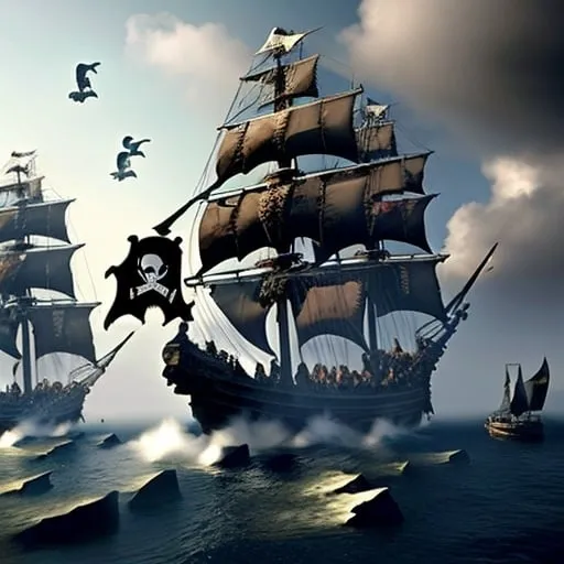 Prompt: A pack of pirates in a black man o'war, with a flock of black crows, heading towards a misty island