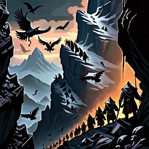 Prompt: An image with a fellowship of adventurers, warriors, mages, and dwarves, climbing a dark mountain full of mistery, surrounded by crows.