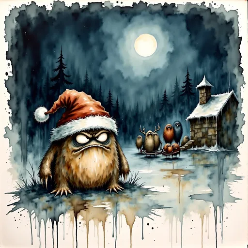 Prompt: Tiny Round grumpy cartoon monster with a santa claus beanie in a winter landscape at night, jingle bells, sleigh, chimney 