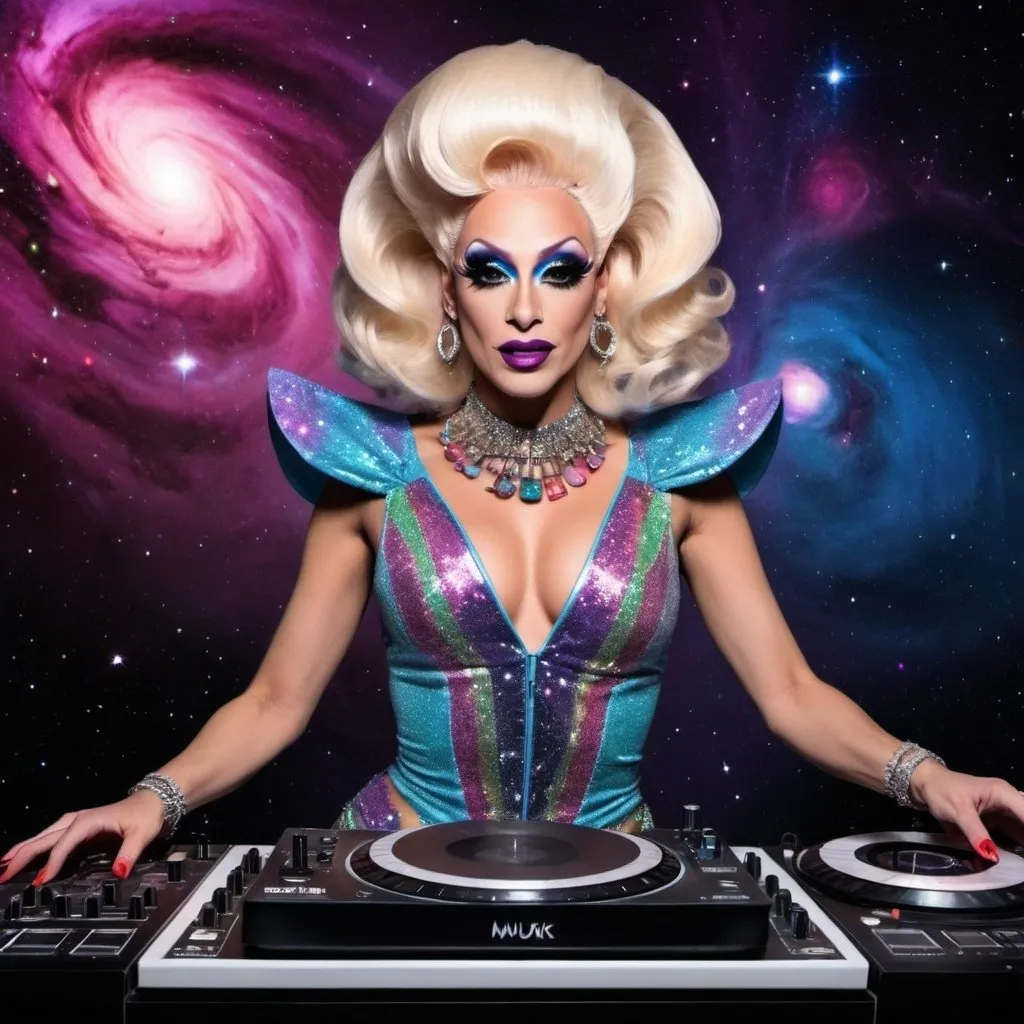 Prompt: una drag queen dj en una galaxia con el texto " the rhythm of the muzik - JARP (mash up) "
